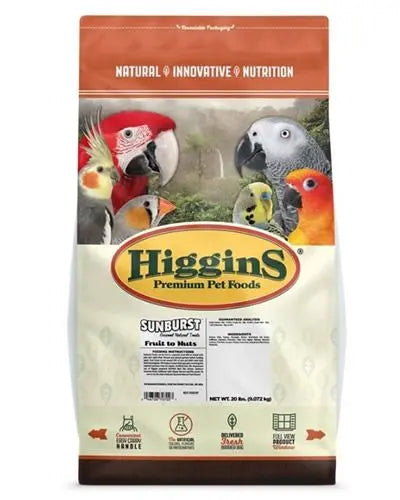 Vibrant mix of Higgins Fruit to Nuts bird seed with cashews, pumpkin seeds, raisins, and dried pineapple for hookbills.