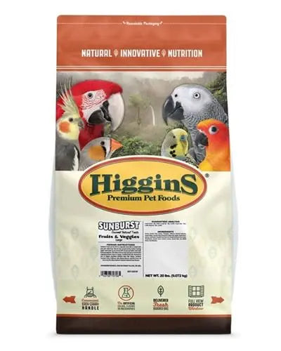 Colorful mix of Higgins 20lb Large Fruits & Veggies bird treat with dried fruits, vibrant veggies, seeds, and protein pellets.