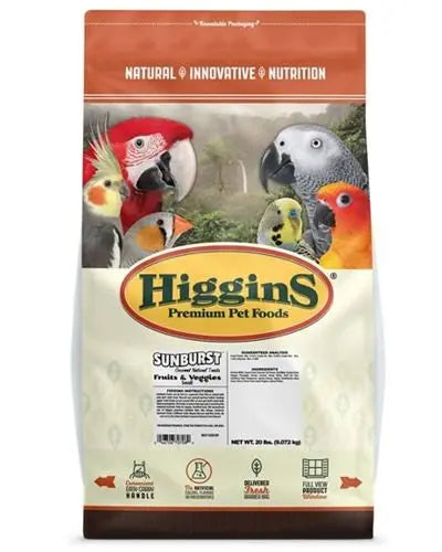 Vibrant mix of Higgins Small Fruits & Veggies with colorful seeds, strawberry bits, papaya, and pineapple for birds.