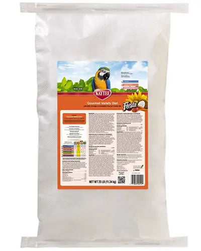 Vibrant mix of Kaytee Fiesta Max Macaw food with colorful fruits, veggies, nuts, and seeds for a nutritious bird diet.