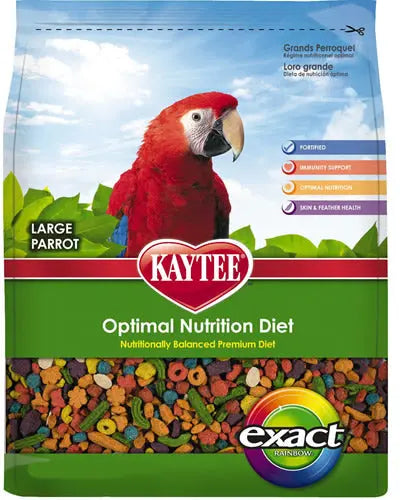 Vibrant Kaytee Exact Rainbow nuggets for large parrots, showcasing a colorful mix of shapes for optimal nutrition.