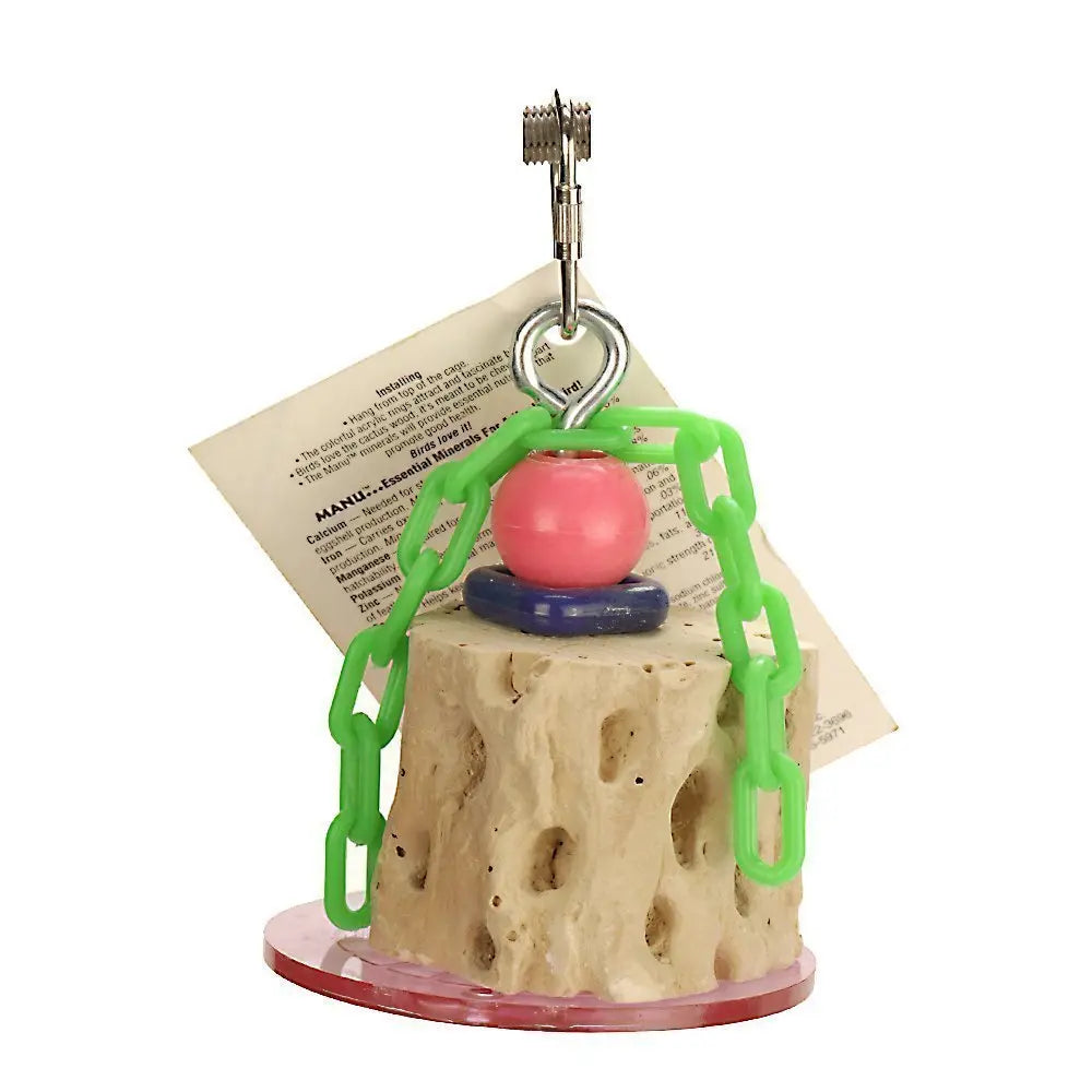 Vibrant XL Cactus Beaks Mineral Toy by Polly's Products, featuring colorful cactus wood and a fun chain for large birds to chew and climb.