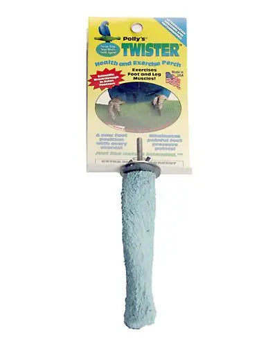Polly's XS Twister Grooming Perch in a unique, twisted design, crafted for small birds like canaries and parakeets to promote foot health.