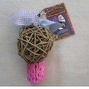 Colorful Polly's Busy Beak Balloon toy for birds, featuring a woven vine balloon, bee pollen, fruity wafer, and shreddable cotton fabric.