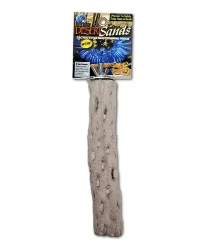 Textured desert sand perch for medium birds, featuring sparkling glitter and dimples for foot comfort, ideal for nail trimming.