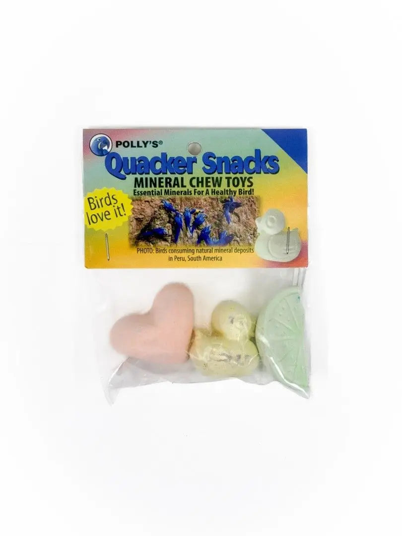 Vibrant Quacker Snacks Small by Polly's, featuring three colorful, chewable shapes packed with calcium for your bird's health.