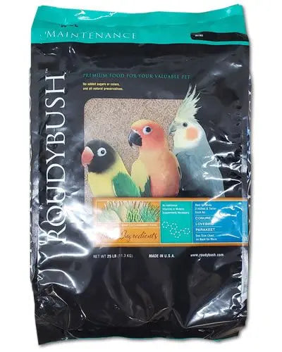 Vibrant 25lb bag of Mini-Roudybush Daily Maintenance pellets, ideal for small birds like cockatiels and lovebirds.