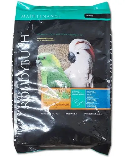 Close-up of Roudybush Daily Maintenance 25lb bag, featuring medium-sized pellets ideal for small macaws and cockatoos.