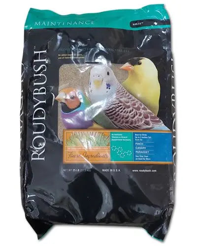 Vibrant 25lb bag of Roudybush Daily Maintenance Nibles, perfect for finches and small parrots transitioning diets.