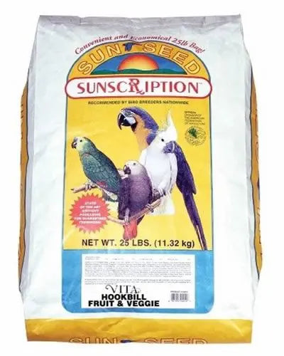 Vibrant mix of Sun Seed Large Hookbill Vita Fruit & Veggie food with tropical fruits, colorful veggies, and seeds in a 25lb bag.