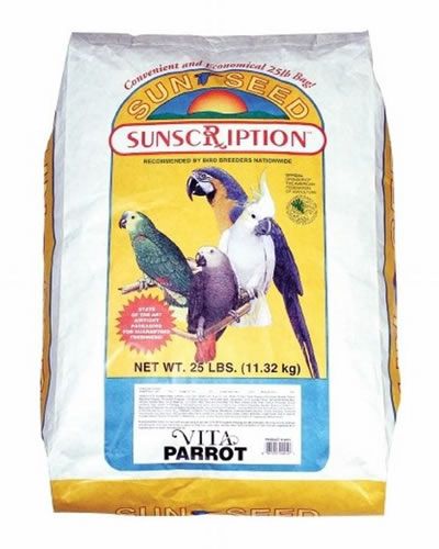 Vibrant 25lb bag of Vita Parrot-Sun Seed food, bursting with tropical fruit bits like papaya, pineapple, and coconut.