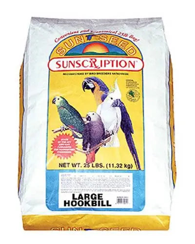 Vibrant mix of tropical fruits, banana, papaya, and carrot in Sun Seed Vita Large Hookbill Prima parrot food, 25lb bag.