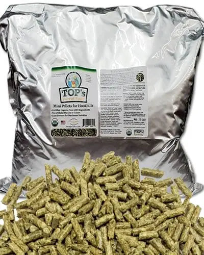 Tiny, organic mini pellets in a 25lb bag, specially crafted for small parrots like budgies and lovebirds, ensuring natural nutrition.