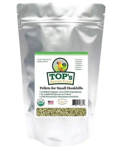 Vibrant 25lb bag of TOP's Parrot Food Small Pellets, ideal for mid-size and smaller parrots, showcasing organic, natural nutrition.