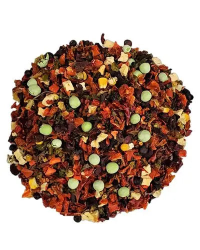 Vibrant mix of Garden Buffet II bird food with colorful veggies, sweet potatoes, apples, and calming hibiscus flowers.