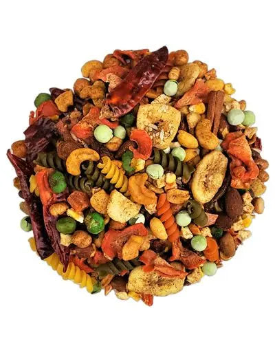 Vibrant mix of 20lb Asian Buffet bird food with colorful fruits, nuts, and spices like papaya, almonds, and cinnamon sticks.