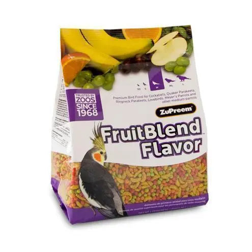 Vibrant Zupreem Medium Cockatiel Fruit Blend in a 35lb bag, showcasing colorful pellets packed with fruity flavors and essential nutrients for small parrots.