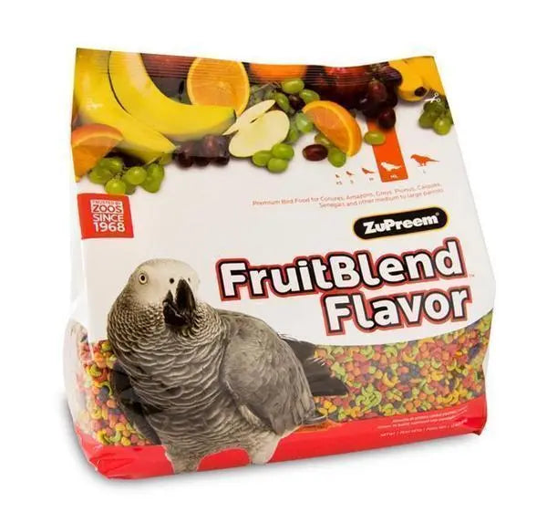 Vibrant 35lb bag of Zupreem Fruit Blend for medium to large parrots, bursting with colorful, fruit-flavored pellets.