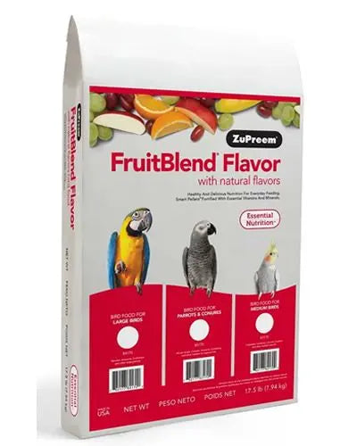 Vibrant Zupreem Large Parrot Fruit Blend pellets in a 17.5lb bag, packed with natural fruit flavors for big birds like Macaws.
