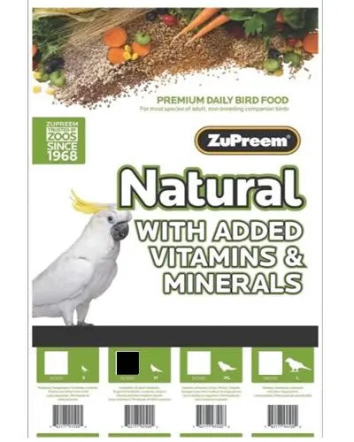 Vibrant 20lb bag of ZuPreem Natural Medium Pellets, crafted for Cockatiels and small parrots with wholesome veggie nutrition.