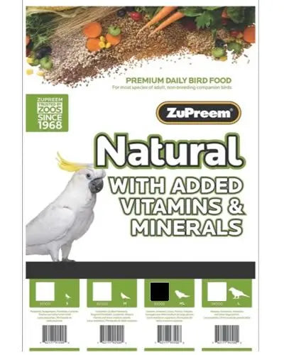 Vibrant 20lb bag of ZuPreem Natural Parrot/Conure Pellets, packed with wholesome veggies and essential nutrients for medium to large birds.