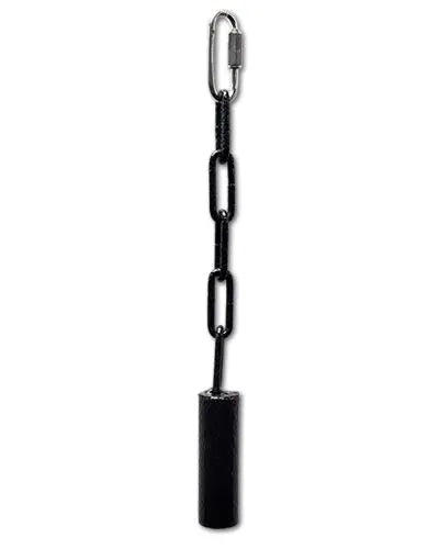 Sleek black metal pipe bell toy hanging on a chain, perfect for medium-sized birds, with a slim 11.5-inch design.