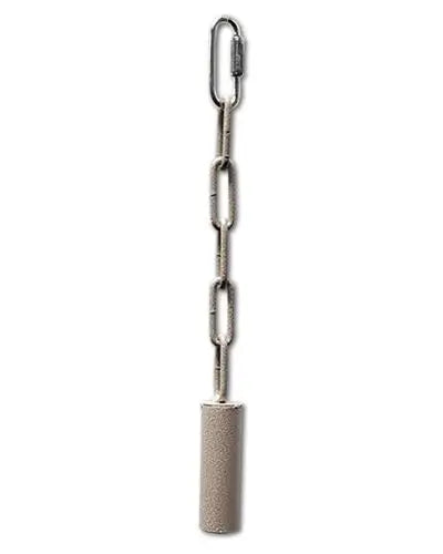 Delicate platinum metal pipe bell toy hanging on a chain, perfect for medium-sized birds, with a sleek 11.5-inch design.
