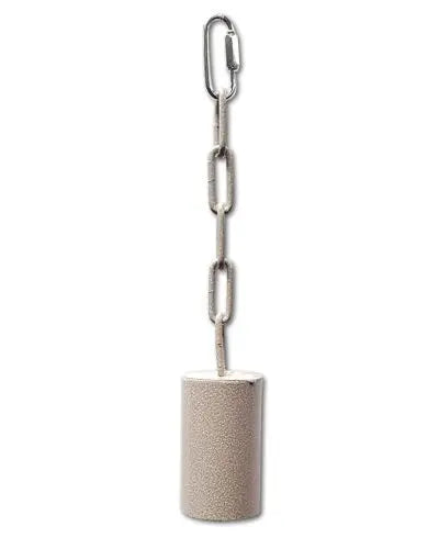 Shiny platinum metal pipe bell toy hanging on a chain, perfect for large birds, with a sleek 11.5-inch design.
