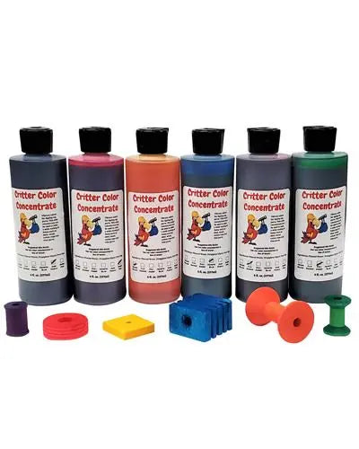 Vibrant Critter Color concentrate in a bottle, ready to dye bird and animal toy parts like wood and rope with bold hues.
