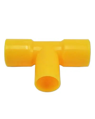 Vibrant plastic 3-way tube connector for bird toys, featuring assorted colors and precise 5/8" male and 3/4" female diameters.