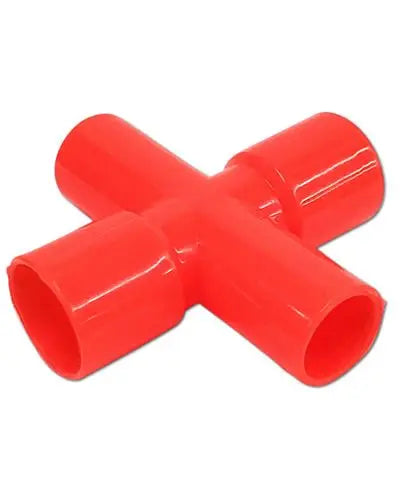 Vibrant plastic 4-way tube connector for bird toys, featuring assorted colors and precise 5/8" and 3/4" inner diameters.