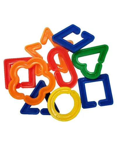Colorful large plastic shape links for bird toys, measuring about 2-1/8 inches, in assorted fun shapes and bright hues.