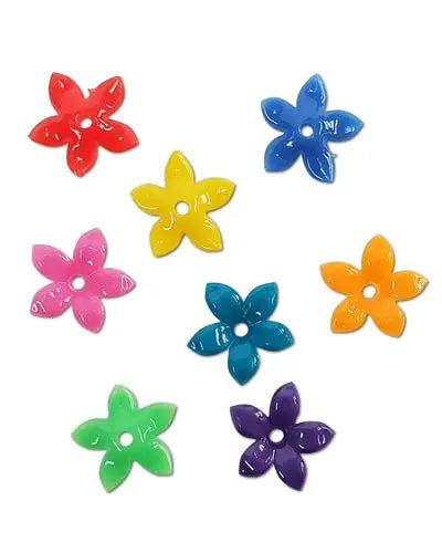Vibrant assortment of 3/4" star flower plastic beads in assorted colors, featuring a 3mm hole for easy crafting.