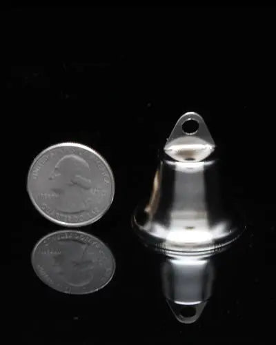 Shiny 32mm nickel-plated Liberty Bell bird toy part, measuring 1-3/8" tall and 1-1/4" wide, with a classic bell shape.