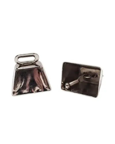 Shiny nickel-plated cow bell toy part for birds, measuring 1.25 inches in length and height, with a classic bell shape.