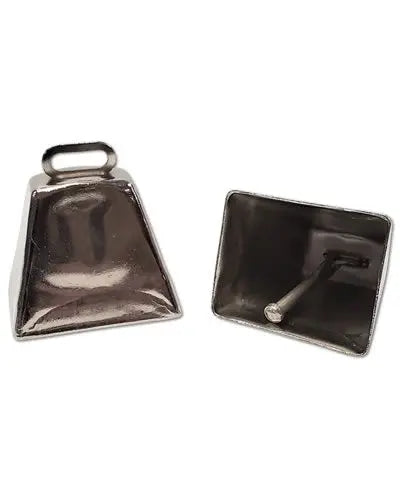 Shiny nickel-plated large cow bell bird toy, measuring 2 inches tall, with a classic bell shape and a hanging loop.