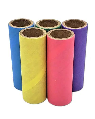 Colorful 3-inch Birdie Bagel tubes made of recycled paperboard, perfect for birds to chew and play with.