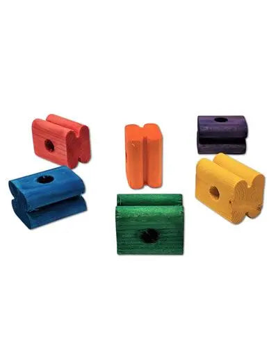 Vibrant 1-3/4" colored wooden bird toy block with a large groove and a 1/2" hole, perfect for pet bird entertainment.