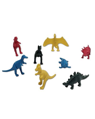 Colorful assortment of small plastic dinosaurs, showcasing various species in playful poses, perfect for imaginative play.