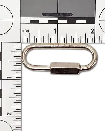 Nickel-plated quick link, 4mm thick, with a medium-wide jaw, measuring 2-1/8" long, ideal for hanging medium to large toys.