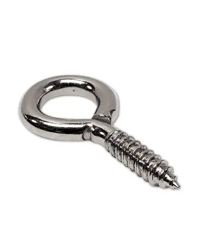 Close-up of an extra-large screw eye, measuring 2-5/8" long, perfect for crafting durable bird toys with its sturdy metal design.