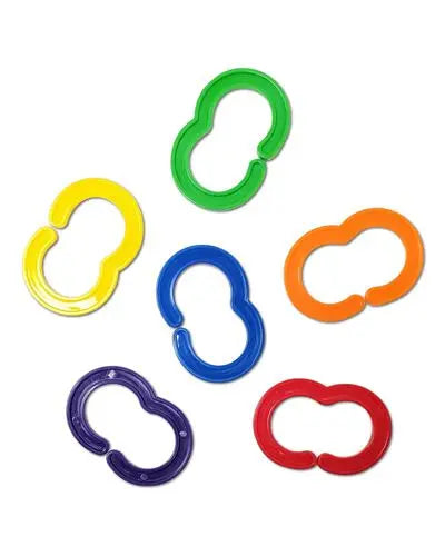 Vibrant assortment of large plastic 'E' links in various colors, perfect for connecting toy parts or creating fun chains.
