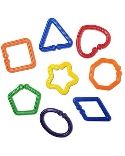 Colorful large plastic geometric links in assorted shapes, perfect for connecting toy parts or hanging, measuring about 2.5 inches long.