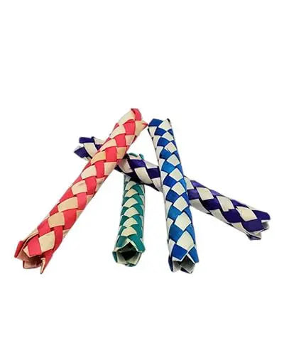 Colorful Bamboo Finger Traps, a 5.5-inch long bird toy, perfect for shredding, foraging, and hiding treats inside.
