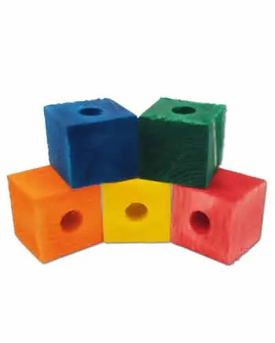 Vibrant 1-inch wooden color blocks in a 2-pack, perfect as bird toy parts, featuring assorted hues and a small center hole.