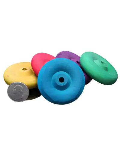 Vibrant 2-3/4" colored wooden wheel for bird toys, featuring a smooth round design with assorted bright hues.