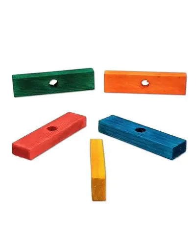 Vibrant 2-inch colored pine wood blocks in a 5-pack, perfect as bird toy parts, showcasing a mix of fun, varied hues.