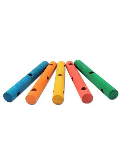 Pine wood dowel, 4 inches long and half an inch thick, with a central hole and holes at each end, ideal for bird toy crafting.