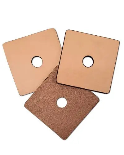 Small 3x3 inch vegetable-tanned leather square with a natural finish, perfect as a safe bird toy part with a 1/2-inch hole.