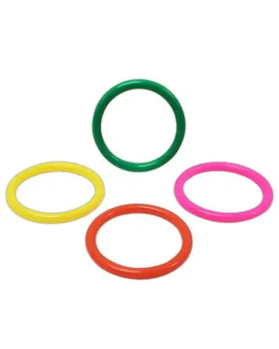 Vibrant assortment of 2-3/4" hard plastic O-rings in various colors, perfect for crafting hanging toys or foot toys.